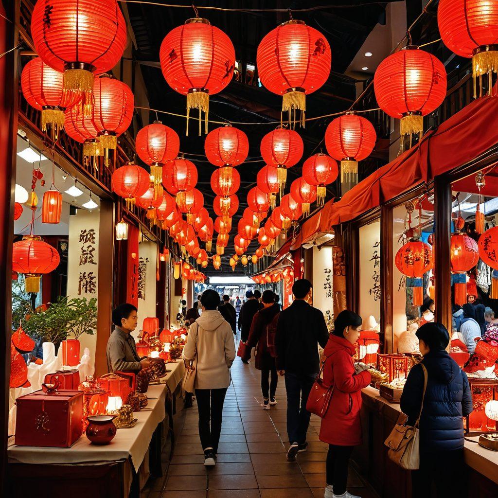 An enchanting marketplace filled with beautifully crafted unique Chinese products, showcasing colorful silk handicrafts, traditional tea sets, and intricate porcelain figures. Surround the scene with smiling diverse individuals engaging in the shopping experience, embodying the joy of ethical and affordable gifting. Capture the essence of culture with lanterns and red envelopes adorning the stalls. Soft warm lighting sets a welcoming mood. super-realistic. vibrant colors. 3D.