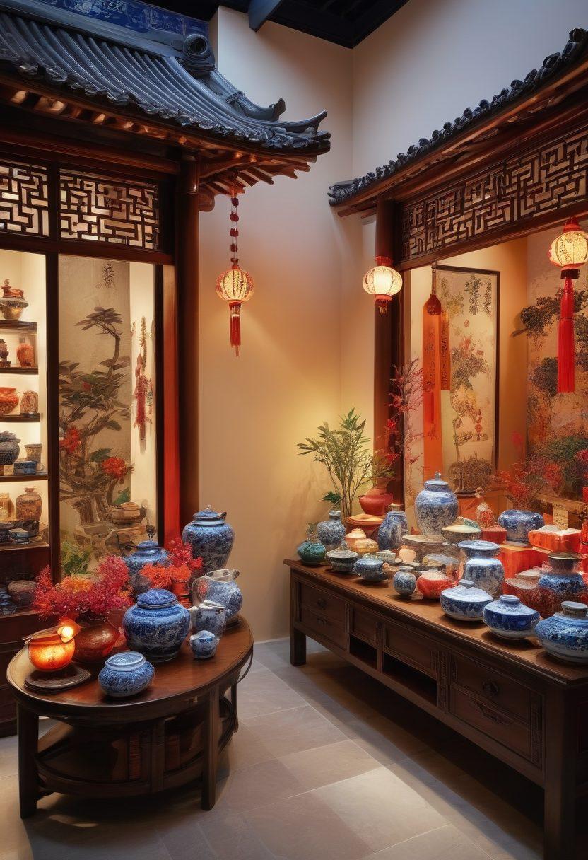 A beautifully arranged display of unique Chinese merchandise showcasing intricate craftsmanship, featuring handmade porcelain, silk textiles, and bamboo crafts, all set against a vibrant market backdrop. Include soft, warm lighting to evoke a cozy shopping atmosphere, with subtle hints of traditional Chinese architectural elements in the background. super-realistic. vibrant colors. white background.