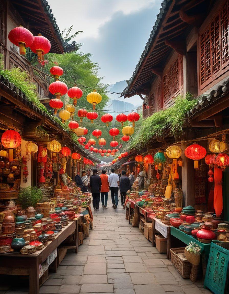 A vibrant market scene showcasing artisans crafting trendy and sustainable products in China. Include colorful handicrafts, eco-friendly materials, and shoppers eagerly selecting gifts. Capture the essence of cultural richness and sustainability, with lush greenery in the background. Add subtle Chinese architectural elements to convey authenticity. super-realistic. vibrant colors. 3D.